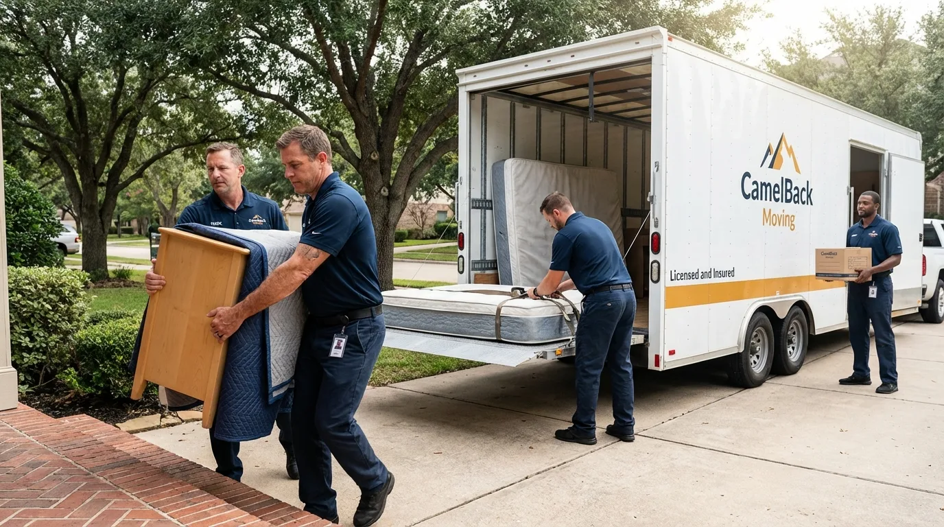 Crew loading residential truck for cross-state move from Horatio, AR