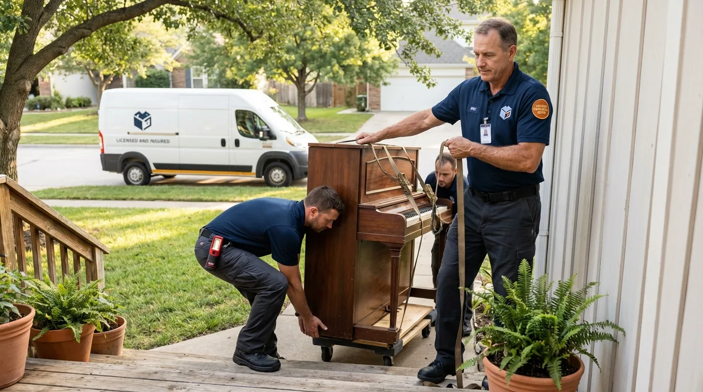 Licensed piano movers securing grand piano in Horatio, AR