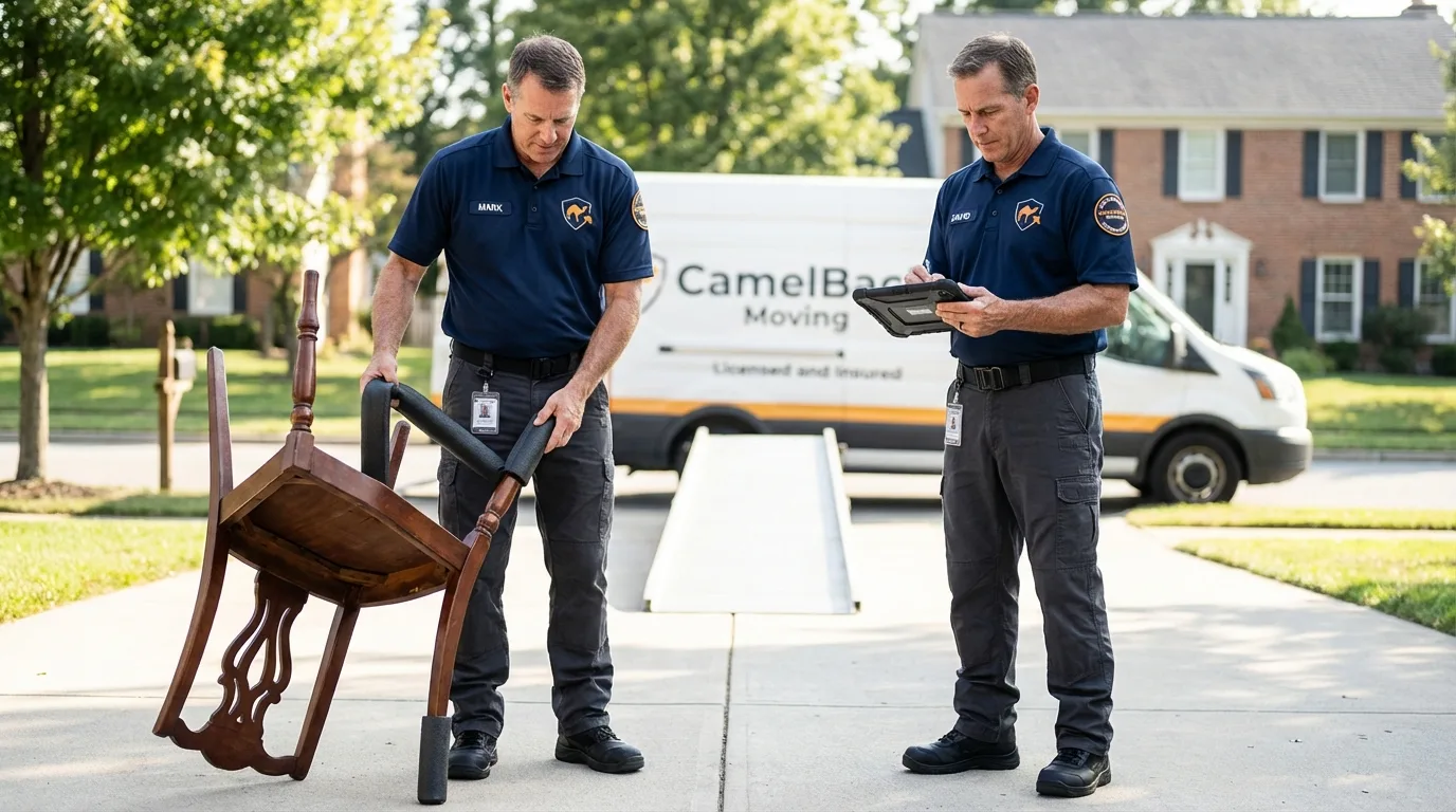 Movers inspecting furniture for damage prevention before loading in Horatio, AR